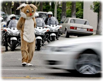 Un policier déguisé en lapin à Glendale, avr. 2010 Un policier déguisé en lapin à Glendale