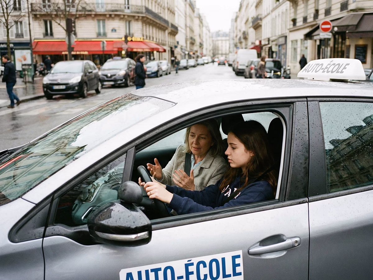 Une monitrice d'auto-école en train de donner une leçon de conduite à une élève